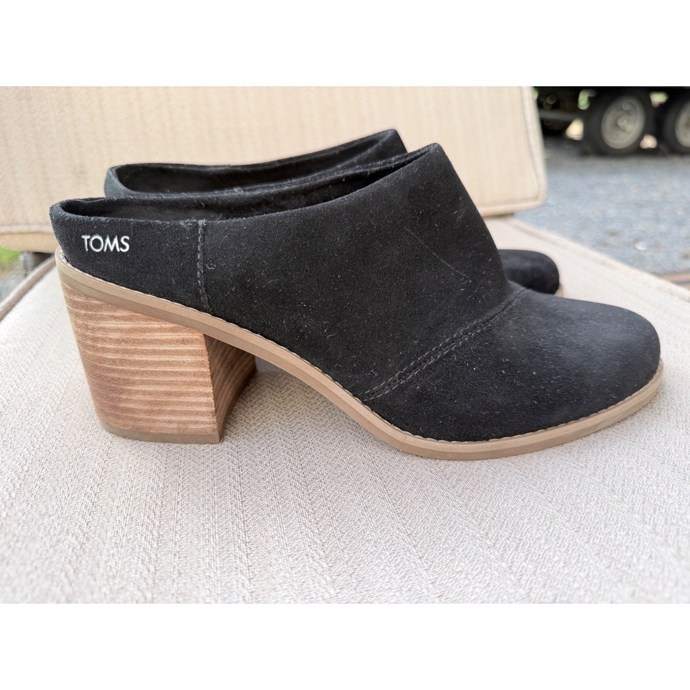 TOMS Monica Mules Women 9 Black Excellent Suede Block Heel Slip On Shoes
